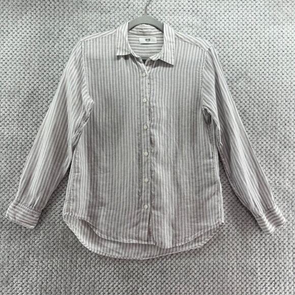 Uniqlo Top Womens XS Gray Striped Linen Button Up Shirt Long Sleeve Collared - Picture 1 of 13